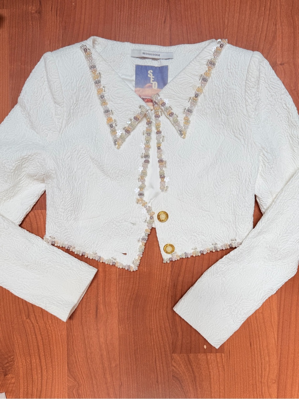 SEO Beaded Trim White Cropped Jacket